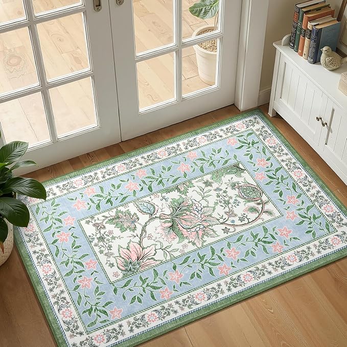 GarveeHome Blue Green Pink Area Rugs 9x12 Living Room, Botanical Grove Cottage core Washable Non-Slip Rug for Bedroom Dining Nursery Low-Pile Vintage Large Soft Carpet