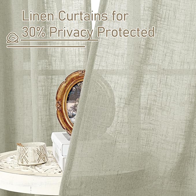 LAMIT 45 Inch Length Linen Curtains for Small Window, Semi Sheer Light Filtering Panels Back Tab and Rod Pocket Neutral Drapes for Bedroom, Sage Grey, 2 Panels, 34 x 45 Inch