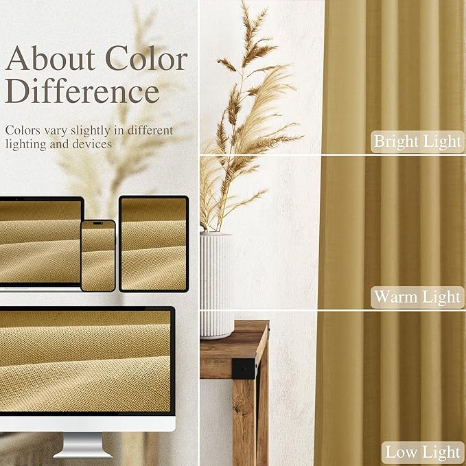 Nanspring Gold Linen Curtains Semi Sheer Gold 96 Inches Long 2 Panels Set for Living Room Back Tab Rod Pocket Light Filtering Drape for Bedroom Modern Farmhouse Coastal Decor Protect Privacy 52x96
