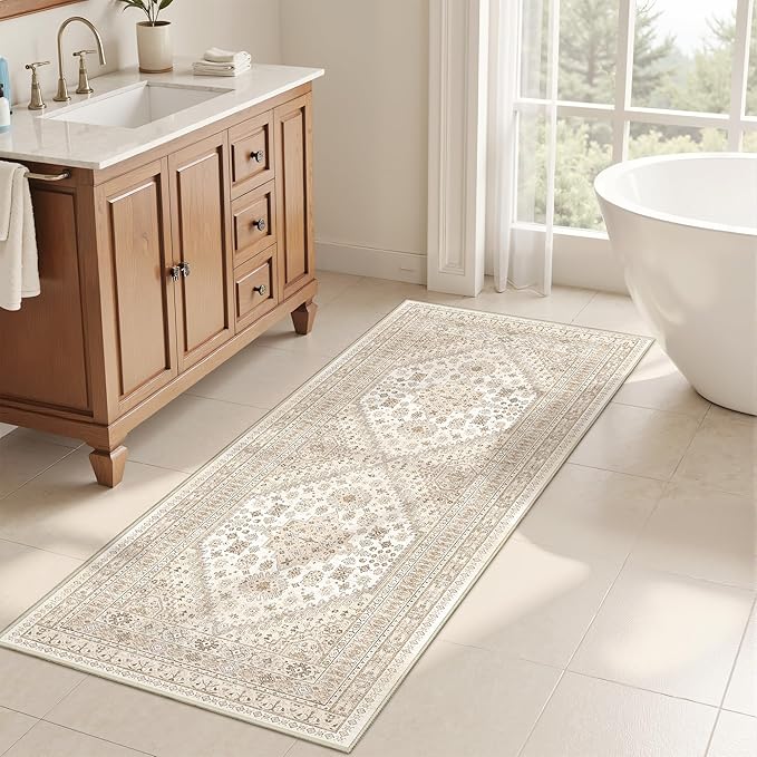 Runner Rug 2x6, Ultra-Thin Entryway Rug Non Slip Washable Rugs for Laundry Room, Runners for Hallways, Vintage Soft Rugs for Living Room, Kitchen, Bedroom(Cream/Beige,2'x6')