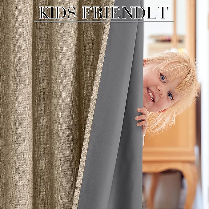 RYB HOME Burlap 100% Blackout Short Curtains 52 Width 45 inch Length, Light Blocking & Thermal Insulated Curtains for Kitchen/Small Window/Bathroom/Basement, 2 Panels