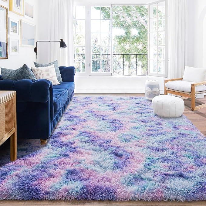 Rugs for Living Room 9x12, Soft Shaggy Modern Large Shag Area Rug for Bedroom, Upgrade Non-Slip Plush Fluffy Carpet for Kids Boys Girls Room Home Decor Aesthetic, Rainbow Purple