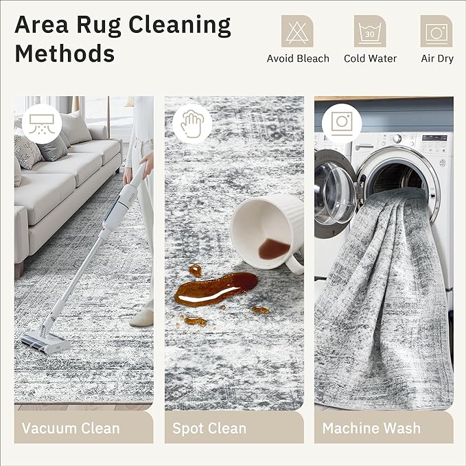 Soalmost 5x8 Area Rugs Grey Low Pile Indoor Washable Trendy Faded Style Rugs for Bedroom Living Room Dining Room Foldable Non-Slip Thin Print Home Office Mat