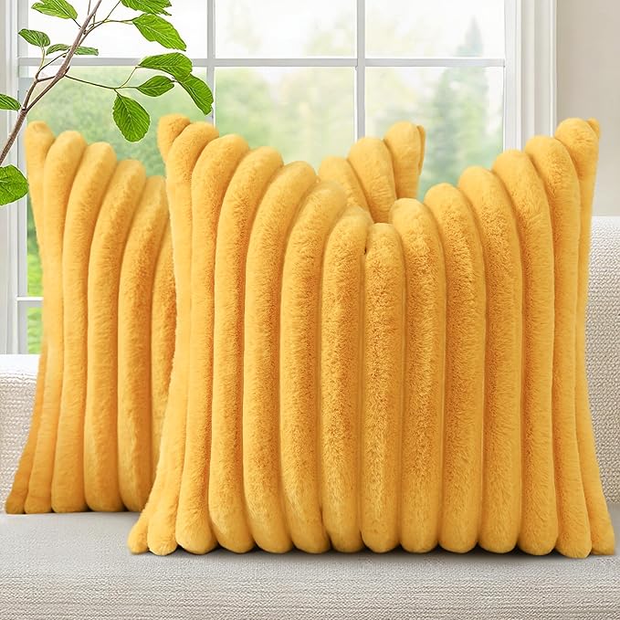 decorUhome Summer Cozy Faux Fur Throw Pillow Covers 24x24 Set of 2 Decorative Plush Striped Modern Farmhouse Boho Couch Euro Sham Pillow Cases with Velvet Back for Sofa Bed Living Room, Mustard Yellow