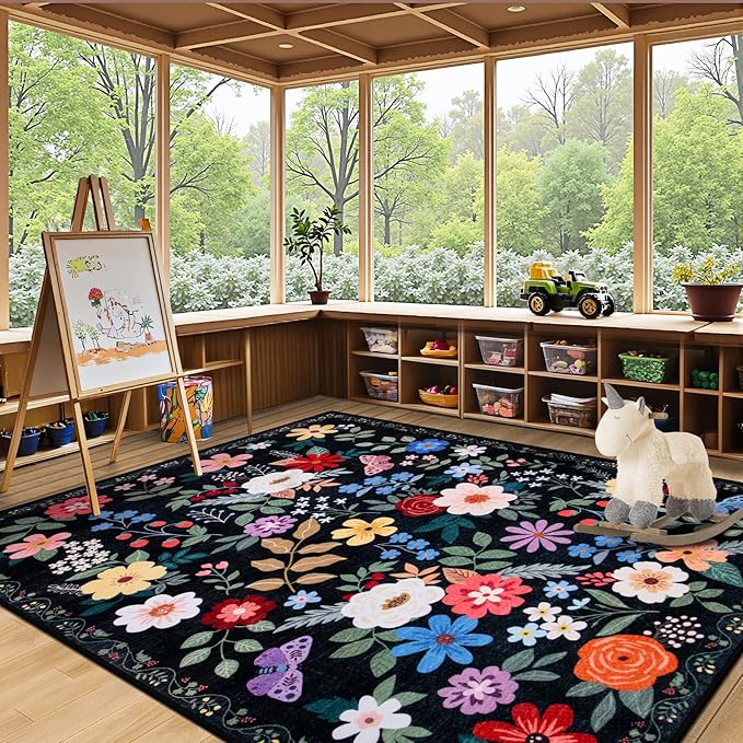 Area Rug Living Room Rugs: Floral 5x7 Washable Rug Vintage Soft Boho Non-Slip Carpet Indoor Floor Stain Resistant Large Carpets for Bedroom Dining Room Farmhouse Nursery Hallway Home Office Black