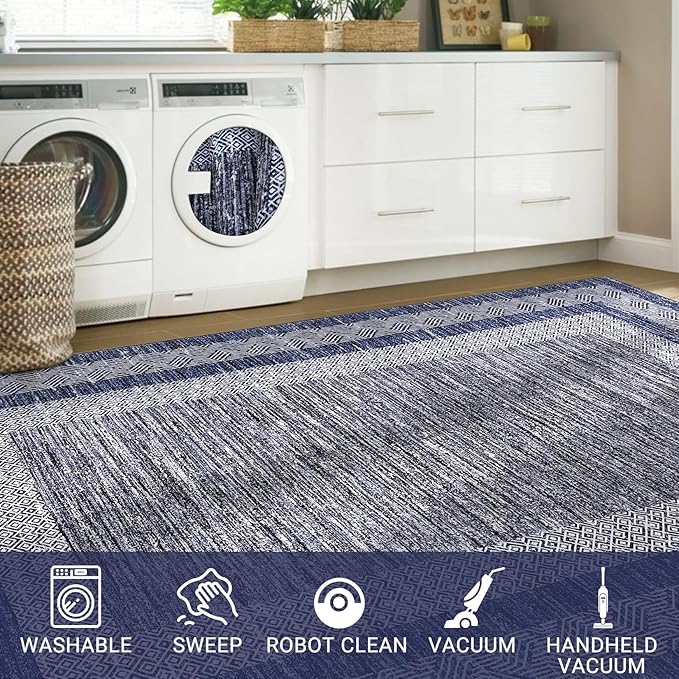 GarveeHome Modern Geometric Area Rug 4x6 Distressed Bordered Washable Non Slip Floor Carpet Non Shedding Thin Soft Low Pile Contemporary Navy Blue Rug for Dining Room, Living Room