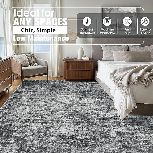 10x14 Area Rugs for Living Room Rug Washable: Abstract Large Rug Indoor Modern Carpet Non Slip for Dining Room Bedroom Nursery Home Office Black Grey