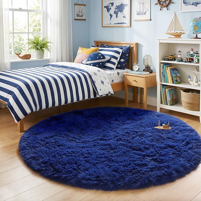 Navy Blue Round Rugs 5Ft for Boys Bedroom, Fluffy Circle Area Rug for Kids, Living Room Decor Aesthetic, Shag Fur Throw Royal Dark Blue Carpet for Baby Nursery, Shaggy Thick Fuzzy Floor Carpets