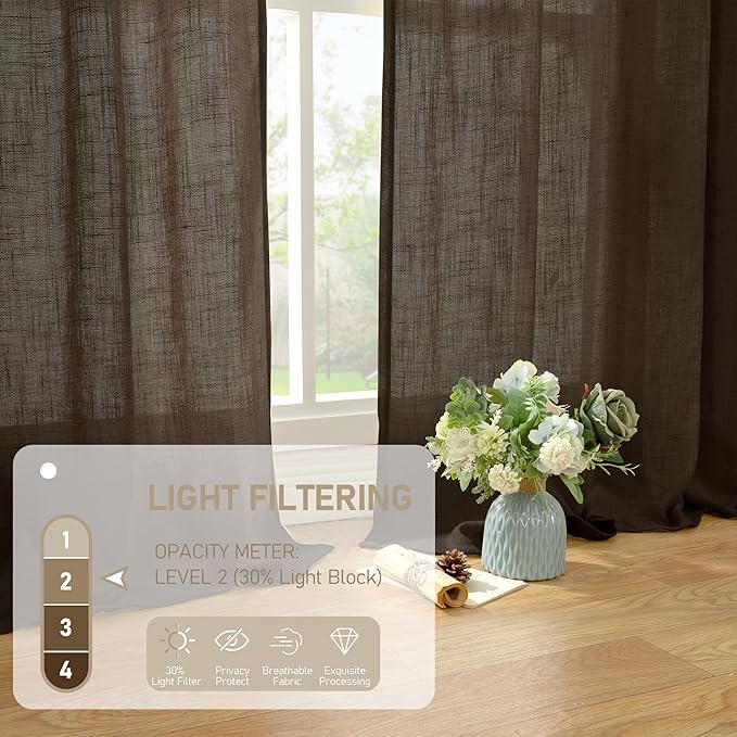 LAMIT Dark Brown Linen Boho Curtains 80 inch Length 2 Panels, Light Filtering Semi Sheer Panels Back Tab and Rod Pocket Neutral Drapes for Bedroom/Living Room, 34 x 80 Inch