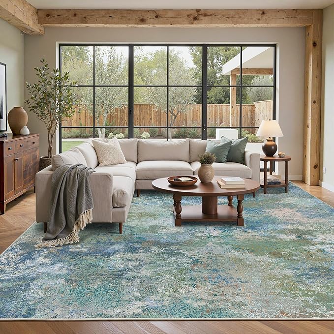 Area Rugs 9x12 for Living Room Bedroom, Modern Abstract Machine Washable Rug, Large Soft Low Pile Floor Carpet with Non Slip Backing for Dining Room, Blue Green