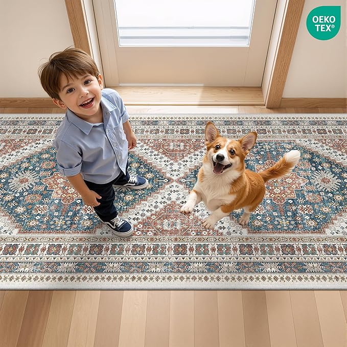 Runner Rug 2x10, Ultra-Thin Kitchen Rugs Non Slip Washable Rugs for Entryway Rug, Kitchen Runner Low Pile Vintage Soft Carpets for Living Room, Bathroom Bedroom (Blue/Red,2'x10')