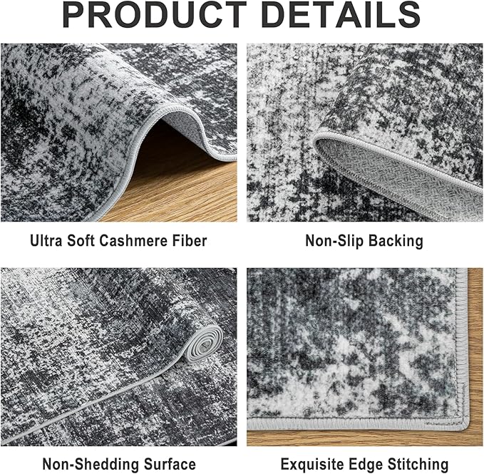 Area Rugs Living Room Rug - 5x7 Washable Modern Abstract Soft Neutral Non-Slip Carpet Large Indoor Floor Thin Carpets for Bedroom Dining Room Farmhouse Nursery Home Office Dark Black