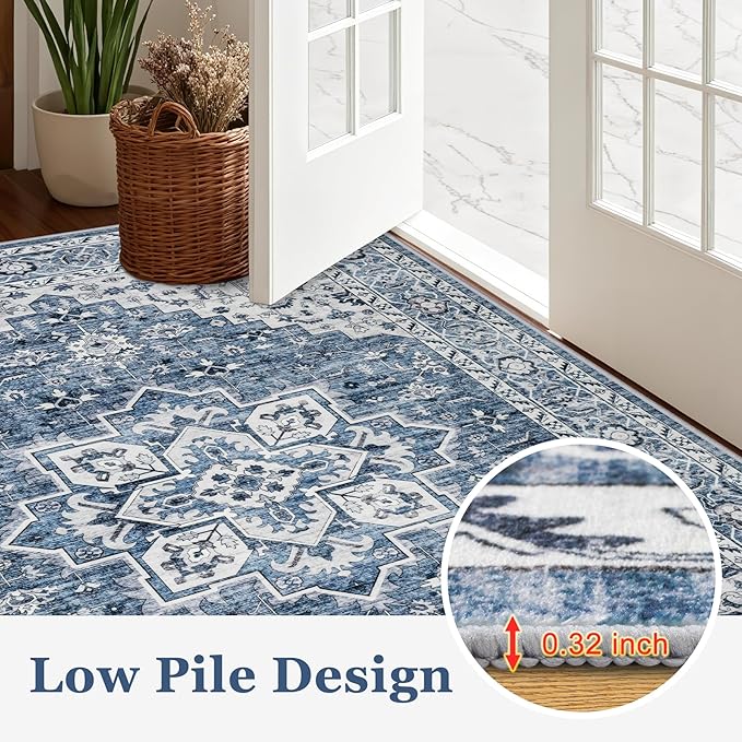 Area Rugs 10x12 Living Room Rug: Washable Rug Soft Vintage Boho Medallion Carpet Indoor Floor Non-Slip Stain Resistant Large Carpets for Bedroom Dining Room Farmhouse Nursery Home Office Blue