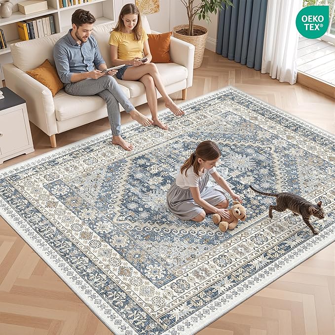 Area Rugs 5x7, Ultra-Thin Washable Rugs for Living Room, Anti-Slip Backing Area Rug for Bedroom, Soft Floral Vintage Home Decor Rug for Dining Room(Blue/Beige,5'x7')