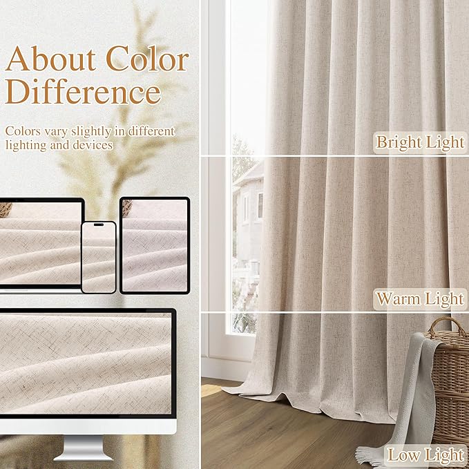Guken Oatmeal 100% Blackout Curtains 84 Inch Length 2 Panels Set for Living Room Bedroom Back Tab Thermal Insulated Black Out Linen Drapes Room Darkening Window Curtains 84 Inches Long