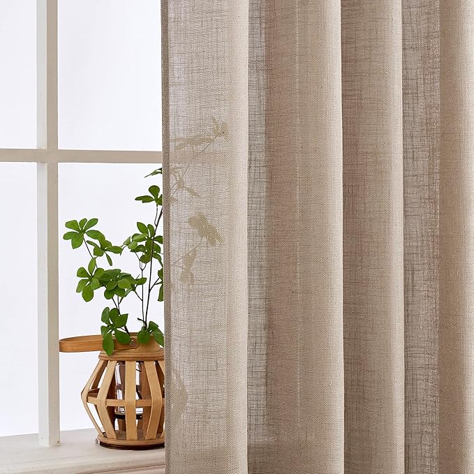 MIULEE Taupe Linen Curtains 63 Inch Length 2 Panels for Bedroom Living Room, Soft Thick Linen Textured Kitchen Window Drapes Semi Sheer Light Filtering Back Tab Rod Pocket Burlap Look Decor
