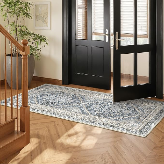 Runner Rug 2x6, Ultra-Thin Entryway Rug Non Slip Washable Rugs for Laundry Room, Runners for Hallways, Vintage Soft Rugs for Living Room, Kitchen, Bedroom(Blue/Beige,2'x6')
