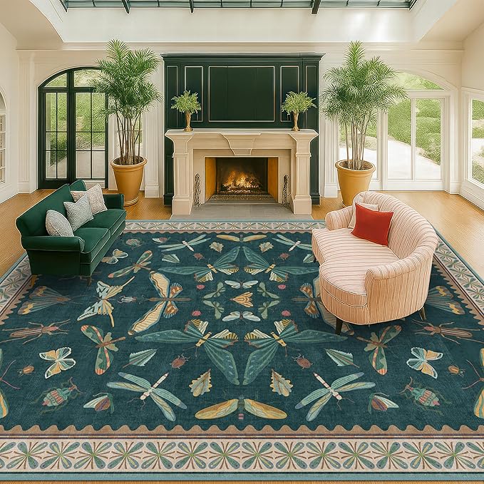 Hazo Haus Teal Green Living Room Rugs - 10x14 Large Area Rug for Dining Room, Big Bedroom, Playroom Kids, Foldable Insect Décor