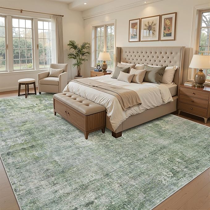Area Rug 10x12 Vintage Washable Living Room Large Carpet Non Slip Bedroom Indoor Office Dining Room Low Pile Thin Rug Green/Ivory