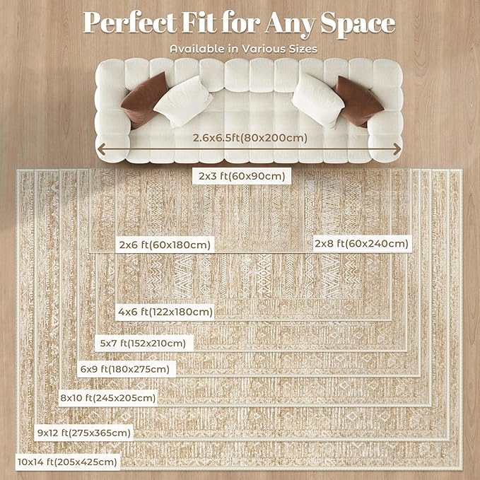 Washable Area Rug 5x7: Moroccan Rug for Living Room Geometric Boho Rug Farmhouse Non Slip Stain Resistant Rugs Low Pile Soft Carpet for Bedroom Dining Room Home Office Kids Room (Light Brown,5'x7')