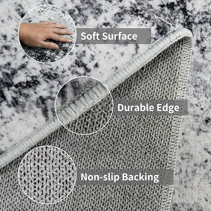 Hallway Runner Rug 2x8 Washable: Entryway Runners Rugs Non Slip Easy-to-Clean - Soft Living Room Bedroom Carpet - Thin Low Pile Printed Floor Mat for Dining Room Black Grey