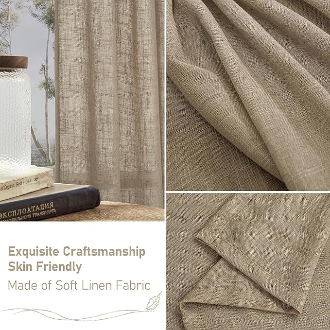 LAMIT Taupe Linen Curtains 30 Inch Length, Semi Sheer Light Filtering Window Panels Back Tab and Rod Pocket Drapes for Kitchen/Basement/Small Windows, 25 x 30 Inch, 2 Panels