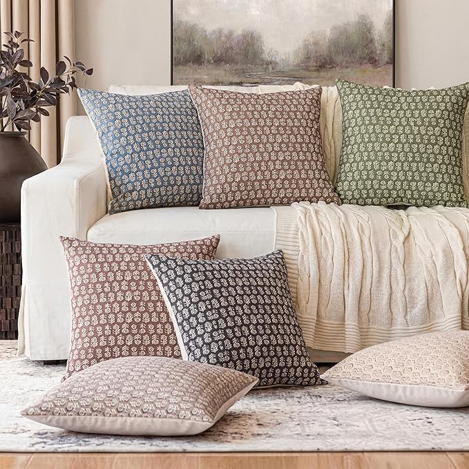 Foindtower Set of 2 Decorative Neutral Floral Print Throw Pillow Covers Vintage Accent Farmhouse Cushion Covers Boho Home Decor for Sofa Couch Chair Bedroom Living Room,20×20 Inch,Tan Taupe
