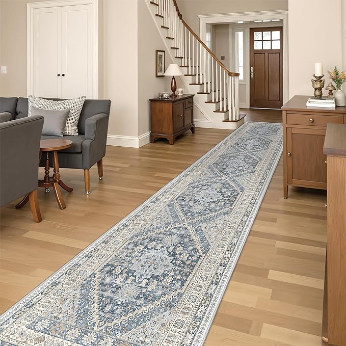 Washable Runner Rug 2.5x16, Non-Slip Long Kitchen Mats for Floor, Vintage Rug for Entryway, Soft Hallway Runner for Dining Room, Bedroom, Living Room(Blue/Beige,2.5'x16')