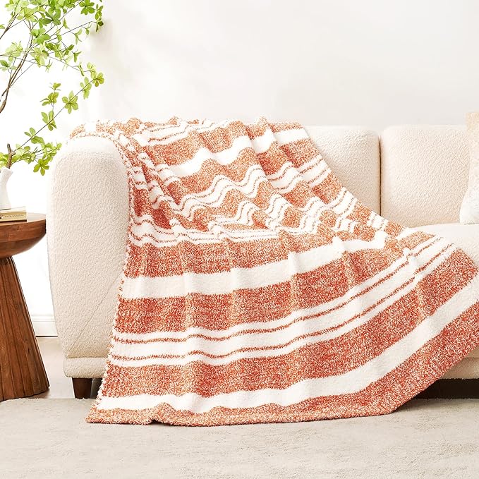 Snuggle Sac Orange Bedding Blanket Ultra Soft Microfiber, Warm Cozy Knit Blankets for Sofa, Bed, Living Room, Stripe Orange, 60x80 inches