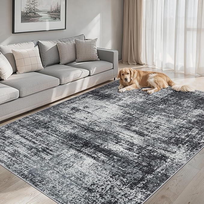 Area Rugs Living Room Rug - 4x6 Washable Modern Abstract Soft Neutral Non-Slip Carpet Large Indoor Floor Thin Carpets for Bedroom Dining Room Farmhouse Nursery Home Office Dark Black
