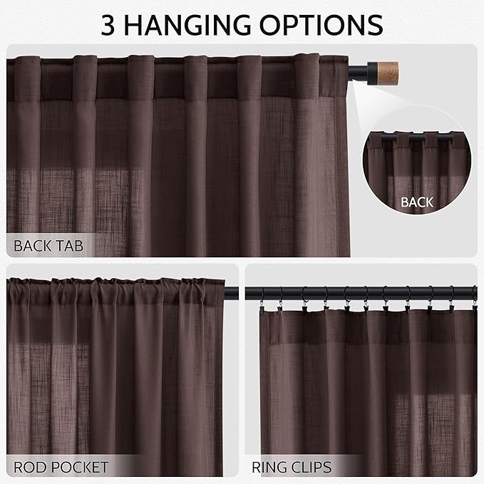 Coffee Brown Linen Curtains for Living Room 98 Inches Long Light Filtering Semi Sheer Curtain Back Tab Rod Pocket Luxury Modern Rustic Home Decor Neutral Drapes for Bedroom Dinner Room 52x98, 2 Panels