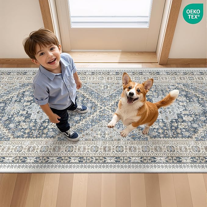Washable Runner Rug 2.5x14, Non-Slip Long Kitchen Mats for Floor, Vintage Rug for Entryway, Soft Hallway Runner for Dining Room, Bedroom, Living Room(Blue/Beige,2.5'x14')