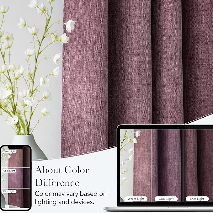 NICETOWN Greyish Purple Faux Linen Room Darkening Rod Pocket Curtains 63 inch Length, W42 x L63, Light Blocking Thermal Insulated Noise Reducing Drapes for Bedroom Farmhouse Decor, 2 Panels