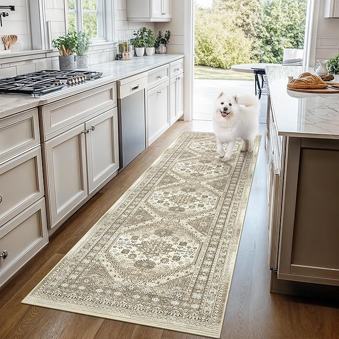 Carpet Runners for Hallway 12ft, Non-Slip Long Bathroom Rugs Runner for Kitchen, Living Room, Bedroom, Soft Vintage Washable Rug for Entryway, Thin Floor Mat for Dining Room(Brown,2.5'x12')