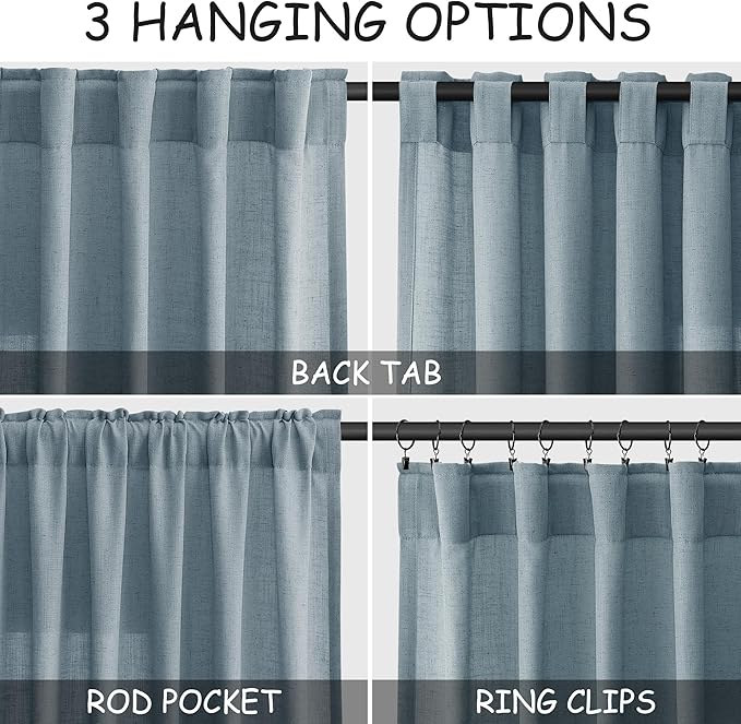 Nanspring Light Blue Linen Curtains Semi Sheer 96 Inches Long 2 Panels Set for Living Room Back Tab Rod Pocket Light Filtering Drape for Bedroom Modern Farmhouse Coastal Decor Protect Privacy 52x96.