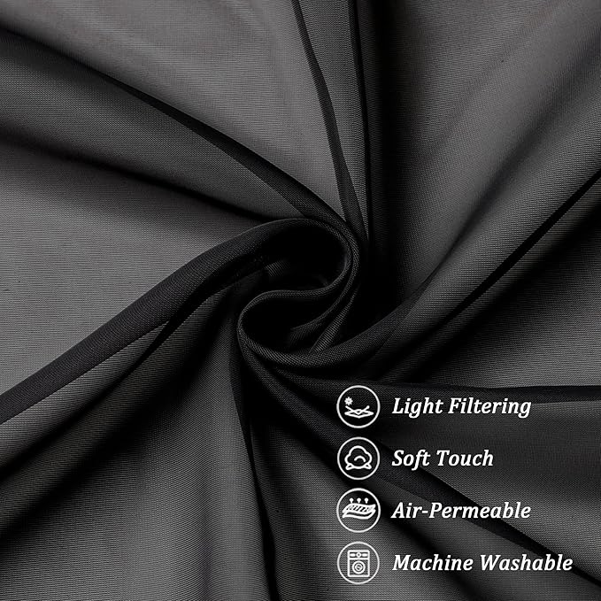 Chyhomenyc Black Sheer Curtains 45 Inches Length 2 Panels, Light Filtering Soft Airy Curtain Drapes for Bathroom Living Room Bedroom Small Windows, Each 42W x 45L inches