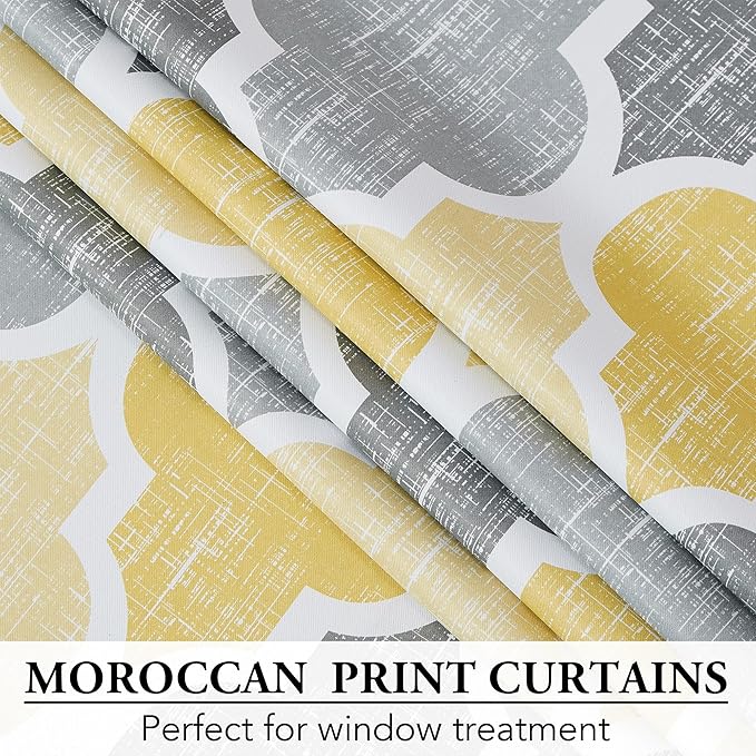 Beauoop 100% Blackout Curtains 108 Inches Long 2 Panels for Bedroom Living Room Yellow Grey Moroccan Geo Room Darkening Thermal Insulated Soundproof Grommet Top Window Treatments Drapes, 50x108x2