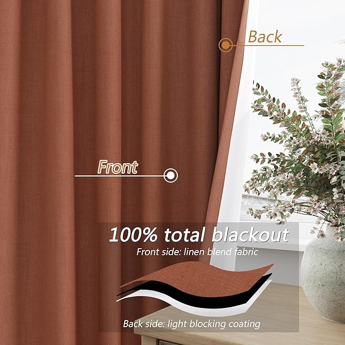 Guken Terracotta 100% Blackout Curtains 108 Inch Length 2 Panels Set Fall Curtains for Living Room Bedroom Back Tab Thermal Insulated Black Out Linen Drapes，52x108
