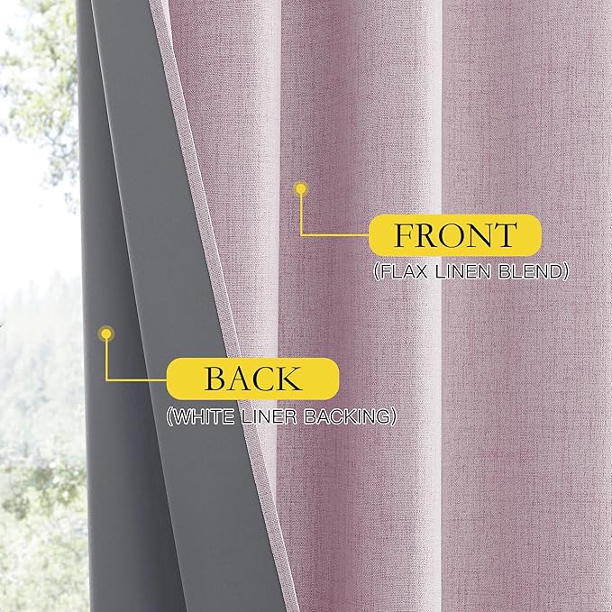 NICETOWN Pink Vintage Linen 100% Blackout Curtains for Living Room, Thermal Insulated Curtains 63" Long, Noise Reducing Window Treatment Drapes for Hall Room, 52" Wide Per Panel, Set of 2
