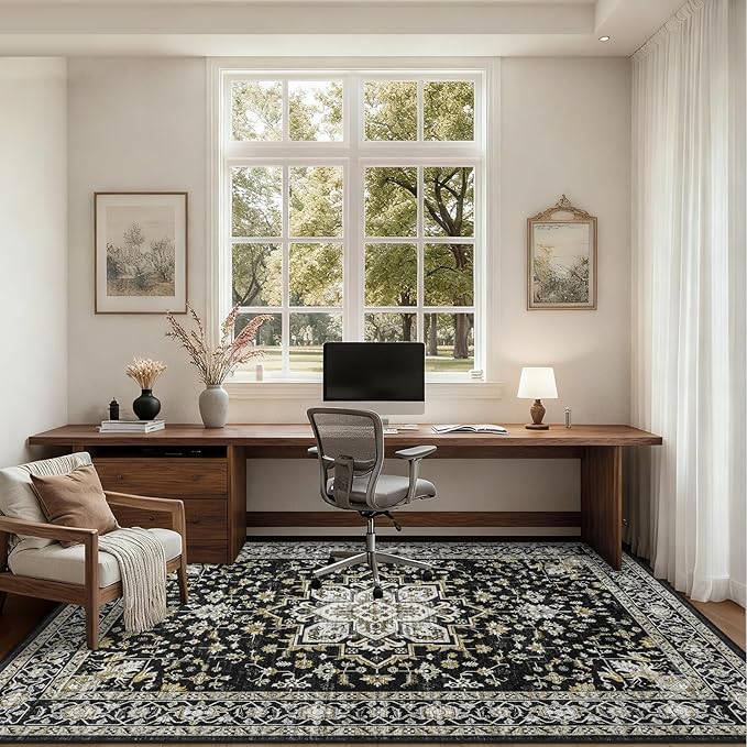 Area Rugs 9x12 Living Room Rug: Washable Rug Soft Vintage Boho Medallion Carpet Indoor Non-Slip Stain Resistant Large Carpets for Bedroom Dining Room Farmhouse Nursery Home Office Black Gold