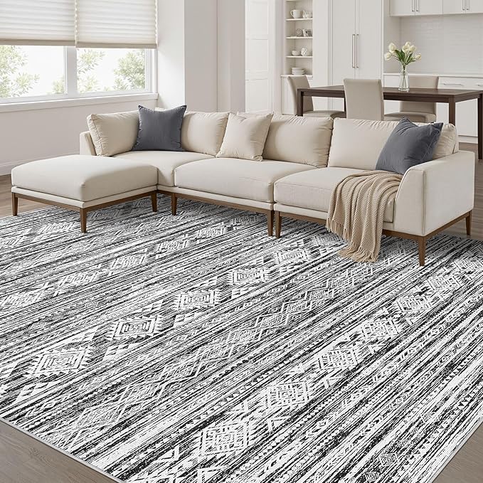 Nakagishi 9x12 Area Rugs Living Room: Washable Large Neutral Soft Rug Stain Resistant Non-Slip Carpet for Men Modern Home Enthusiasts Aged 25-45 - High Traffic Areas - Bedroom Office - Black White