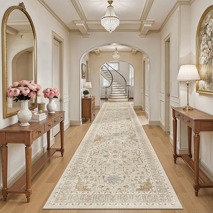 Madane Hallway Runner 3x14 - Runner Rugs 14ft Washable Entryway Rug Vintage Kitchen Runners Non Slip Indoor Area Rug Farmhouse Carpet Runner for Bathroom Living Room Bedroom, Beige/Blue