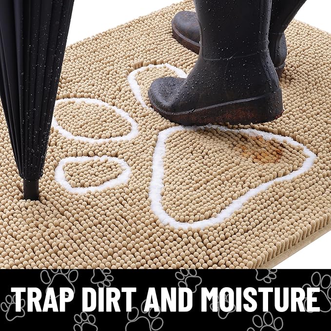 Smiry Dog Door Mat for Muddy Paws, Absorbent Dirt Trapper Non Slip Quick Dry Washable Chenille Mat for Mud Dogs, Entry Rug for Indoor and Outdoor (45x27 Inches, Beige and White)