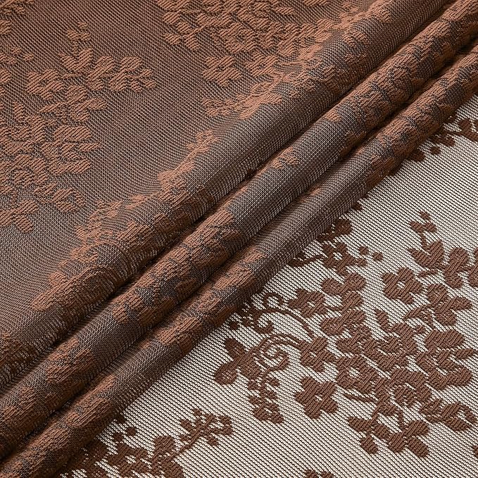 YJ YANJUN Vintage Lace Curtains 54 Inch Length-Brown Kitchen Curtains for Small Window, Victorian Floral Pattern, Light Filtering Voile Sheer Panels for Bedroom Bathroom 52" W x 54" L 2 Panels