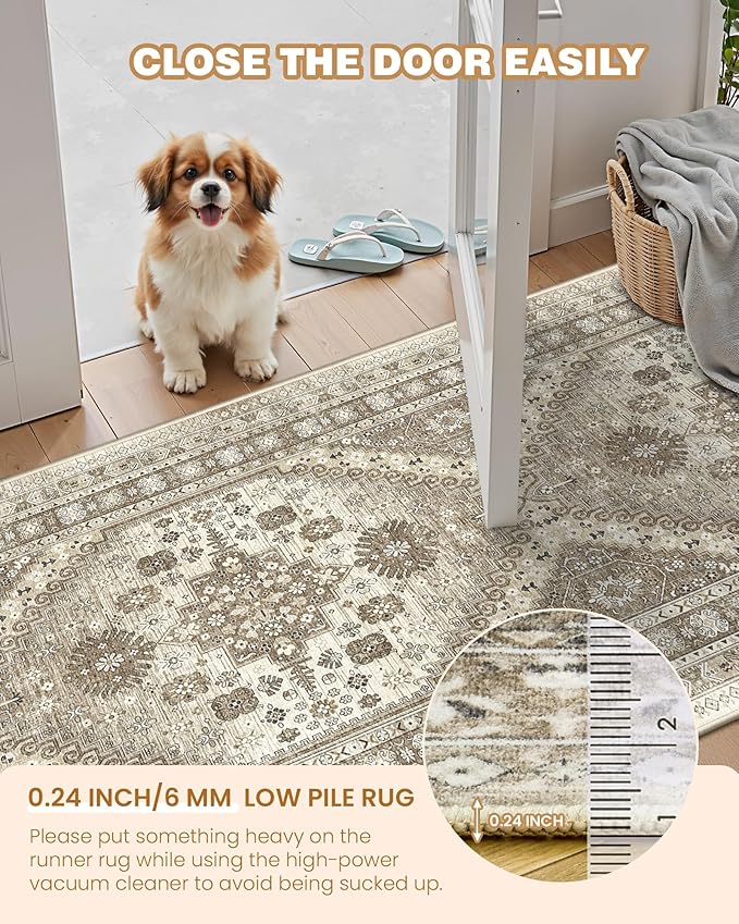 Runner Rug 2x8 Runners for Hallways Non Slip Washable, Vintage Hallway Runner Rugs for Living Room, Low Pile Soft Hallway Rug for Kitchen Bedroom Laundry Room Rug(Brown,2'x8')