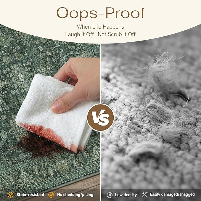 8x10 Washable Area Rug for Living Room Bedroom Vintage Green Non Slip Carpet Traditional Retro Soft Low Pile Large Throw Rug for Dining Room Kitchen Office Indoor