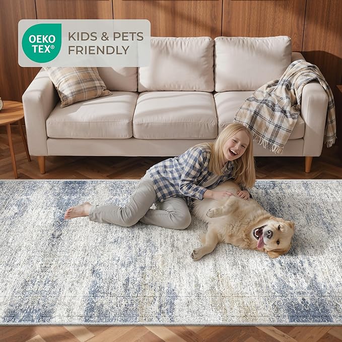 Kitchen Runner Rugs Non Skid Washable - 2.5 x 10 Runner Rug with Anti Slip Backing, Ultra-Thin Soft Rug Runner for Hallway, Bedroom, Living Room (2.5'x10', Blue/Brown/Ivory)