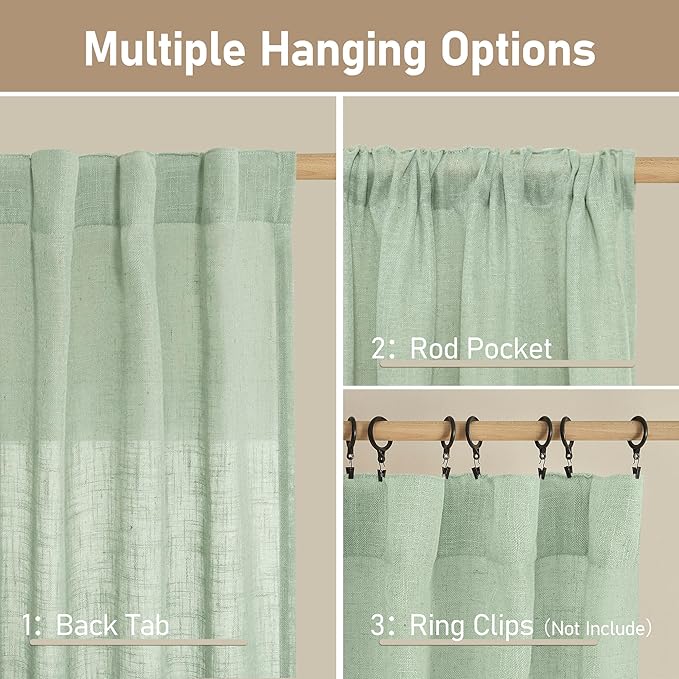 LAMIT Semi Sheer Linen Curtains 45 Inches Long, Light Filtering Panels Back Tab and Rod Pocket Neutral Drapes for Kitchen/Window/Bedroom, Fresh Green, 2 Panels, 52 x 45 Inch