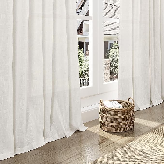Cream Linen Curtains 126 Inches Long 2 Panels Set for Living Room Extra Long Back Tab Curtain Neutral Farmhouse Light Filtering Semi Sheer Linen Drapes Ceiling to Floor for Large Window 52x126