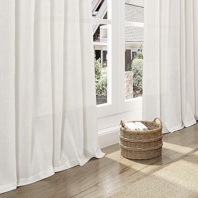2 Panels Set Cream Linen Curtains 105 inches Long for Living Room Extra Long Back Tab Curtains Neutral Farmhouse Light Filtering Semi Sheer Linen Drapes Ceiling to Floor for Large Window Ivory